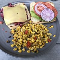 B and B Burger (beet and bean) with vegan Gouda cheese and side of Mexican street corn (it’s vegan without the cojita cheese) at Civil Libation in Virginia Beach