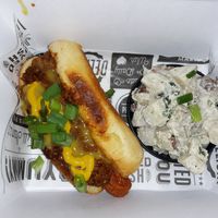 Chili cheese dog & potato salad. 110% DELICIOUS at Bumbling Bee in Virginia Beach