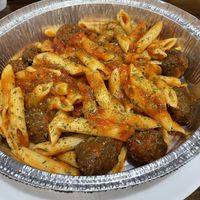 Vegan penne and meatballs (Happy Little Plants brand meatballs)  at Bodacious Bakehouse in Virginia Beach
