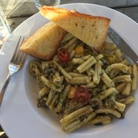 Mushroom tomato pesto pasta with garlic bread  at Northern Lights Winery in Prince George