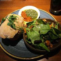 Aubergine burger served with warm sweet potato and broccoli salad. Delish ?  at The Balloch House in Alexandria