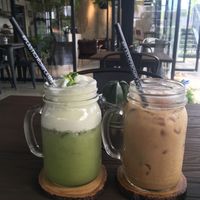 Fresh juice and an iced almond latte at AIRbarre Cafe in Phuket