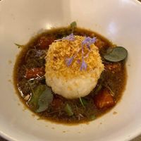 Dashi bouillon with cucumber spaghetti, sushi rice and watermelon.   at Lento in Hasselt
