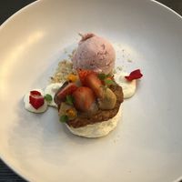 Strawberry ice cream with hazelnut caramel and elderflower  at Lento in Hasselt