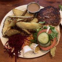 Naam burger with fries   at The Naam in Vancouver