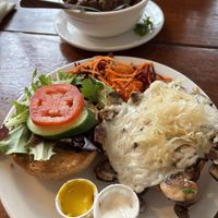Tempeh Reuben with vegan cheese. HUGE slab of fresh tempeh that was really good. Mom had the chili and thought it was great.   at The Naam in Vancouver