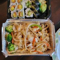 Tofu skin avocado roll, avocado cucumber asparagus roll, vegetable yaki udon at Sushi Palace in Edison