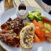 Vegan Candied Sunday roast (with a slice of squashage and mushroom roll)  at The Boat Inn in Sprotborough
