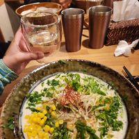 The vegan spicy ramen and the sake at Kyoto Engine Ramen in Kyoto
