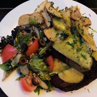 Vegan steak with potatoe wedges! Really good! :-) at Veganaes in Reykjavik