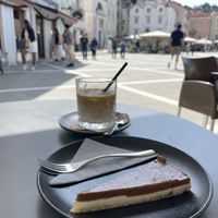 Raw vegan plum cake & soya milk ice latte   at Mestna Kavarna in Piran