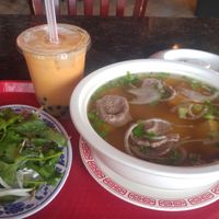 Vegan pho and a papaya-flavored green boba tea at Saigon Pho in Tucson