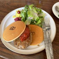 Pancakes with hamburger patty   at Vegan Cafe PQ's in Tokyo