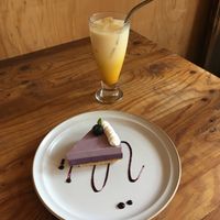 Blueberry cheese cake and turmeric latte  at Vegan Cafe PQ's in Tokyo