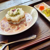 Sakura curry with side dishes at Vegan Cafe PQ's in Tokyo