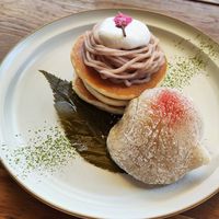 Sakura mont blanc pancakes and gyuhi mochi at Vegan Cafe PQ's in Tokyo