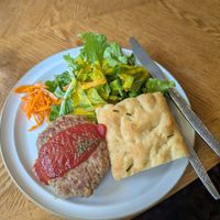 Soy hamburger and focaccia  at Vegan Cafe PQ's in Tokyo