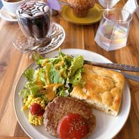 Focaccia with vegan hamburger and salad   at Vegan Cafe PQ's in Tokyo