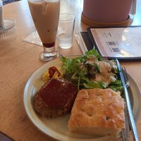 Focaccia with soy burger patty and iced caramel macchiato at Vegan Cafe PQ's in Tokyo