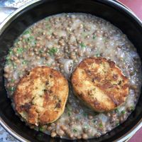 Traditional Lentil stew with dumpling slices   at Cafe Kunst Haus in Vienna