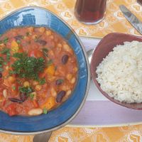 Vegan bean stew with rice at Gamsjaga in Salzburg