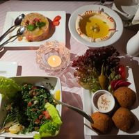 Falafel, aubergine salad, hummus and tabouli at Le Bec D'Argent in Rabat