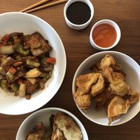Vegan ‘cream cheese’ wontons, fried vegan dumplings and Kung pao tofu at Camdi in Minneapolis