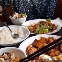 Orange tofu and mock duck/vegetable stir fry. at Camdi in Minneapolis