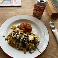 Scrambled tofu and sweet corn fritters  at Hullabaloo in Ipswich