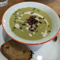Cashew and pea soup with homemade sourdough at Hullabaloo in Ipswich
