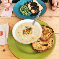 Lentil and mushroom wellington, and curried parsnip soup with sourdough toast. at Hullabaloo in Ipswich