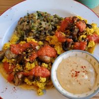 Brunch scrambled tofu with puy lentil, mushrooms at Hullabaloo in Ipswich