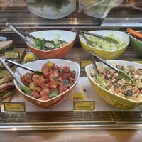 Vegan options in image: kale+pomegranate+orange salad, medeteranian tomato salad, Creamy Japanese seaweed tofu salad (the Cesar salad is not vegan) at Nood Food - Pacific Place in Hong Kong Island