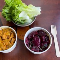 My order: beet salad, jackfruit (vegan chicken) VERY TASTY 😋   at Sweet Cherubim Restaurant and Bakery in Vancouver