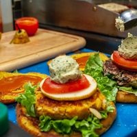 yellow vegan burger at Barcode Mitra in Zagreb