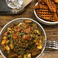 Deconstructed samosa with paneer, sweet potato waffle fries at Curry Up Now - Hamilton Ave in Palo Alto