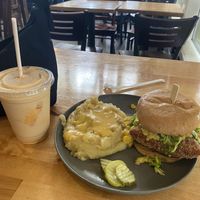 Thai tea milkshake and the Cajun chicken sandwich plus mash and cheese (gravy isn’t gf)  at The Wayside Cafe & Deli in Olympia