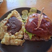 Vegan chicken sandwich with mashed potatoes at The Wayside Cafe & Deli in Olympia