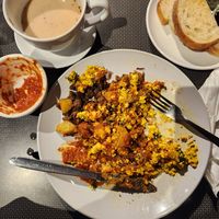 spanish omlette with substitutions, chai latte with oat milk at Lucy's in Grand Rapids