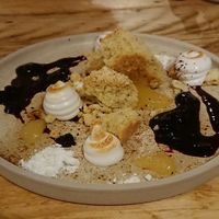 Lemon Meringue Pie: Thyme shortbread, lemon curd, Italian torched meringue, blueberry sauce and homemade sherbet. at Offbeet - New Forest in Southampton