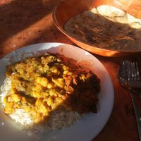 Garlic naan, chickpea curry, aubergine curry and muscroom curry! at The Mosque Kitchen in Edinburgh