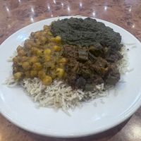 Pre gig, chickpea,, okra. Saag aloo    at The Mosque Kitchen in Edinburgh