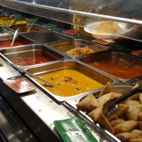 Servery (Vegan, veggie and meat dishes in same hot cabinet but served by personnel using different utensils.) at The Mosque Kitchen in Edinburgh