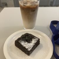 Chocolate plum brownie and oat latte  at Veganique in Seoul