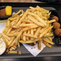 Frites, vegan mayo, vegan meatball and vegan cheese croquette at Frituur Tartaar in Ghent