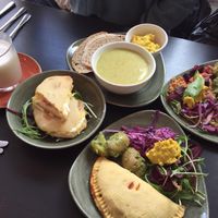 a pasty and sandwiches with salad and cauliflower soup at Megafauna in Southport