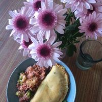 a delicious pasty with rice and broccoli at Megafauna in Southport