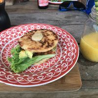 Chickpea arepa with vegan stuffing.  at Cocina de Emy Natural Food in Santa Marta