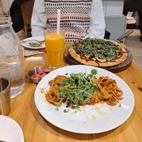 Margherita pizza, rose pasta and jeju orange juice at Nammi Plant Lab in Seoul