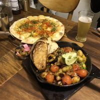 Hummus pizza and gnocchi  at Nammi Plant Lab in Seoul